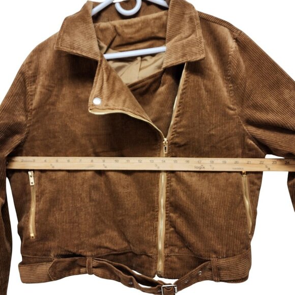 Brown Corduroy Moto Jacket With Belted Hem & Zip Pockets Size 2XL Womens - Picture 14 of 14